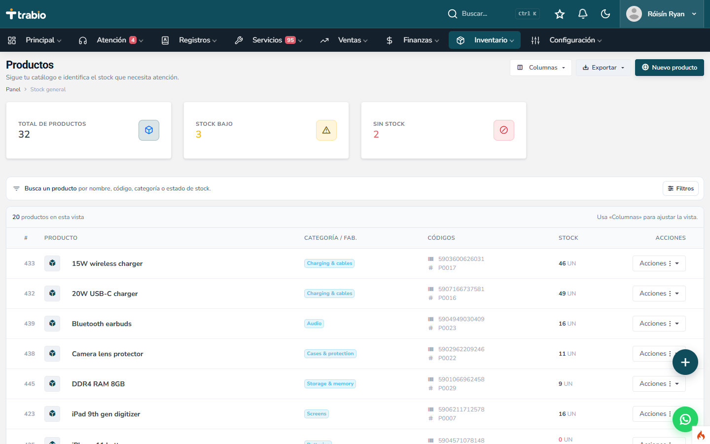 Actual Trabio inventory screen with products, stock counts and low-stock alerts